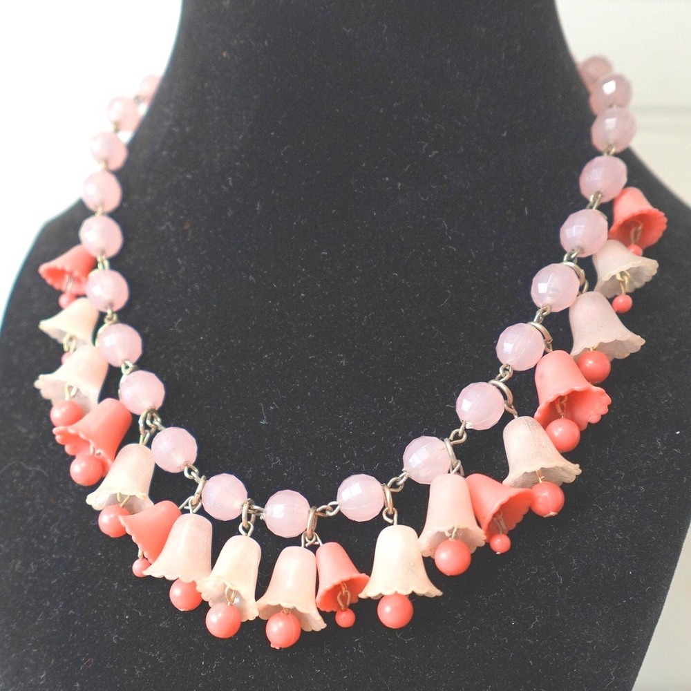 Vintage Bell Beaded Choker Necklace Pink & Purple Dangle Beads Adjustable